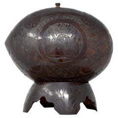 Antique Carved Coconut Shell Box from Nicaragua, 1904