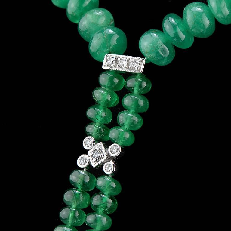 Art Deco Carved Colombian Emerald 13.32 Carat Diamond Emerald Beads Drop Necklace