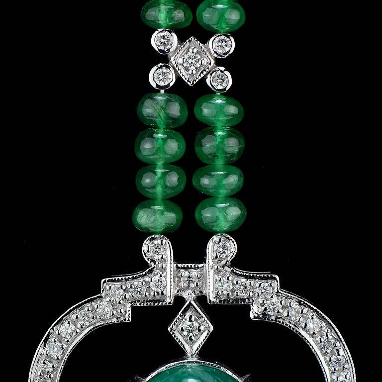 Oval Cut Carved Colombian Emerald 13.32 Carat Diamond Emerald Beads Drop Necklace