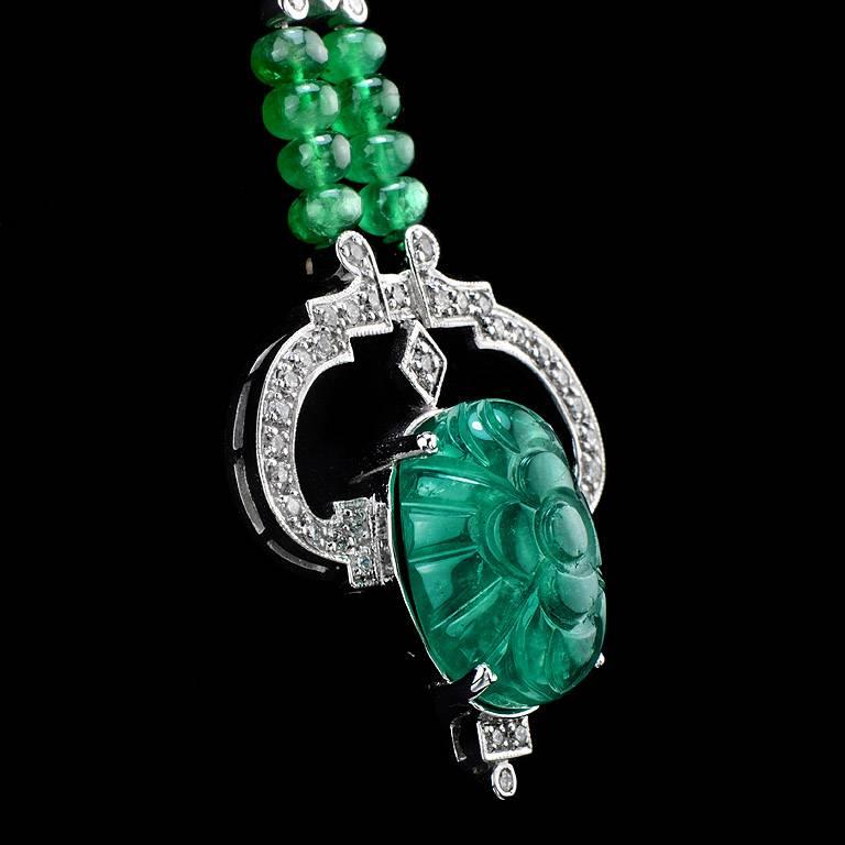 Women's Carved Colombian Emerald 13.32 Carat Diamond Emerald Beads Drop Necklace