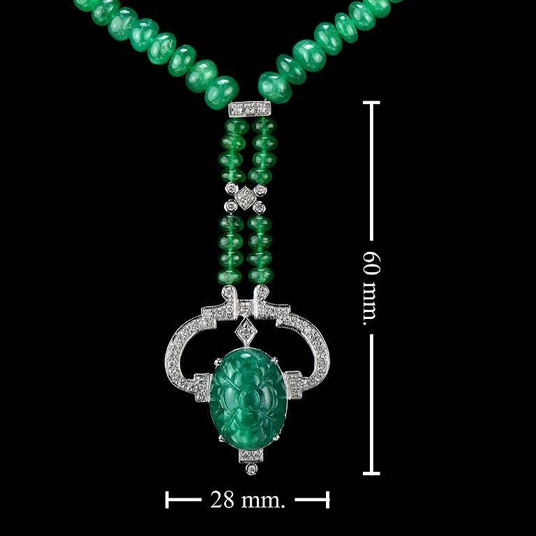 Carved Colombian Emerald 13.32 Carat Diamond Emerald Beads Drop Necklace 2