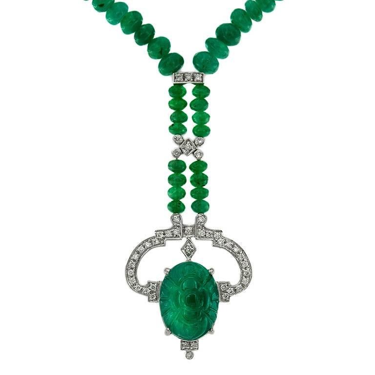 Carved Colombian Emerald 13.32 Carat Diamond Emerald Beads Drop Necklace