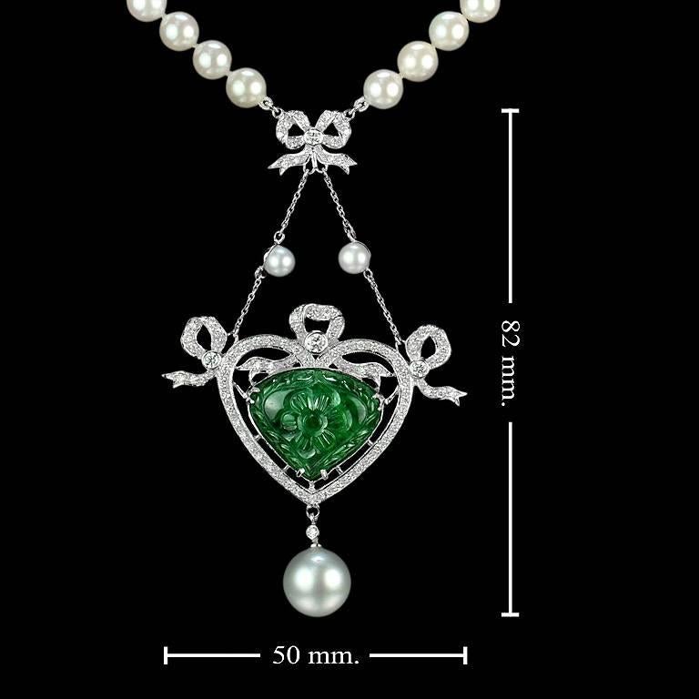 Carved Colombian Emerald 13.70 Carat Akoya Pearl Diamond Drop Necklace 4