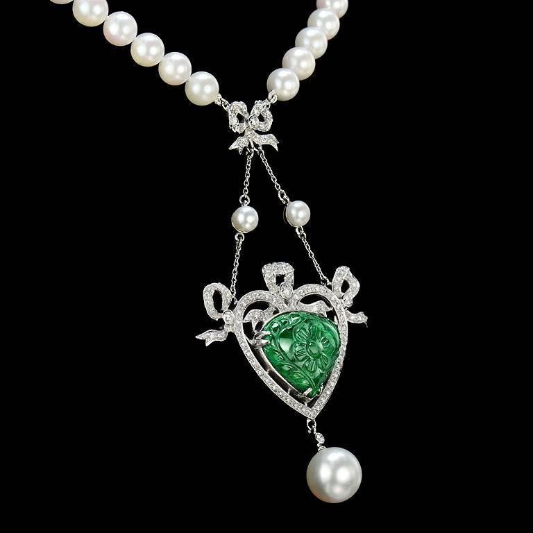 Art Deco Carved Colombian Emerald 13.70 Carat Akoya Pearl Diamond Drop Necklace