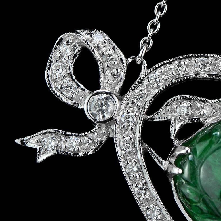 Carved Colombian Emerald 13.70 Carat Akoya Pearl Diamond Drop Necklace In New Condition In Bangkok, TH