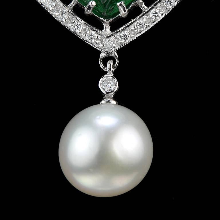 Carved Colombian Emerald 13.70 Carat Akoya Pearl Diamond Drop Necklace 2
