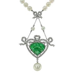 Carved Colombian Emerald 13.70 Carat Akoya Pearl Diamond Drop Necklace