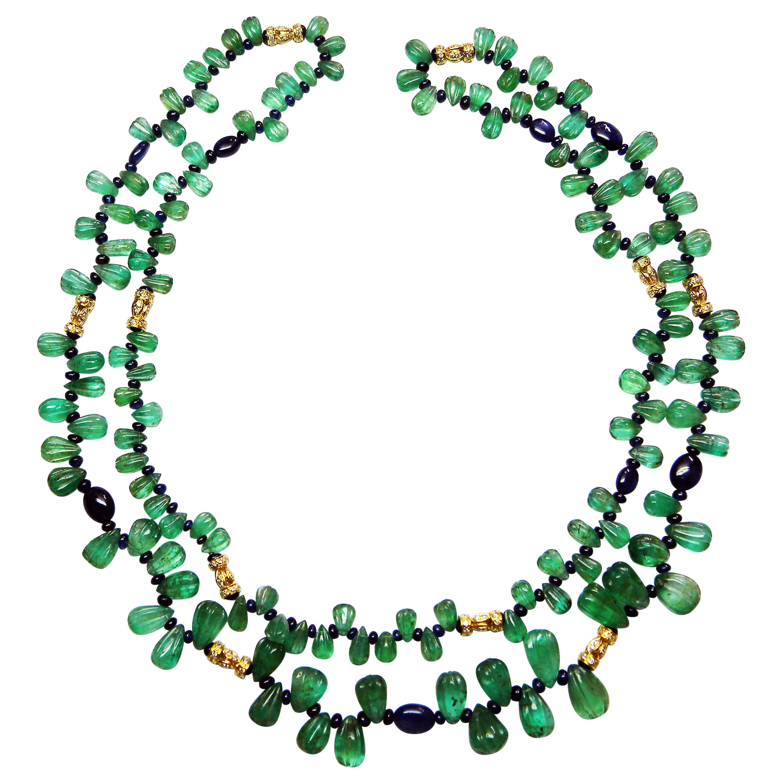 Carved Colombian Emerald and Blue Sapphire Beads White Diamond Gold Necklace