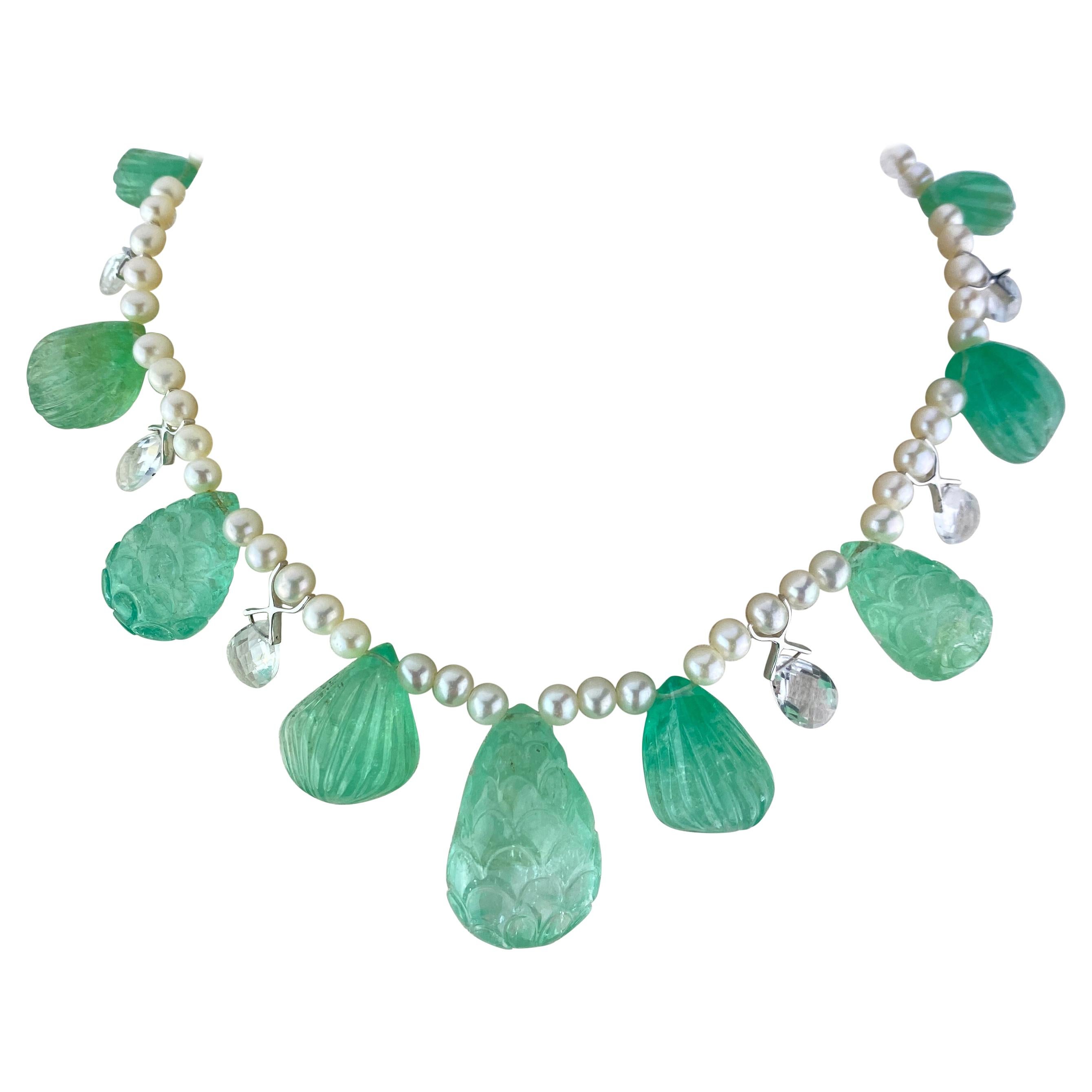 Carved Colombian Emerald and Pearl Necklace