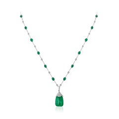 Carved Colombian Emerald Drop Pendant Emerald Cabochon and Diamond 18k Andreoli