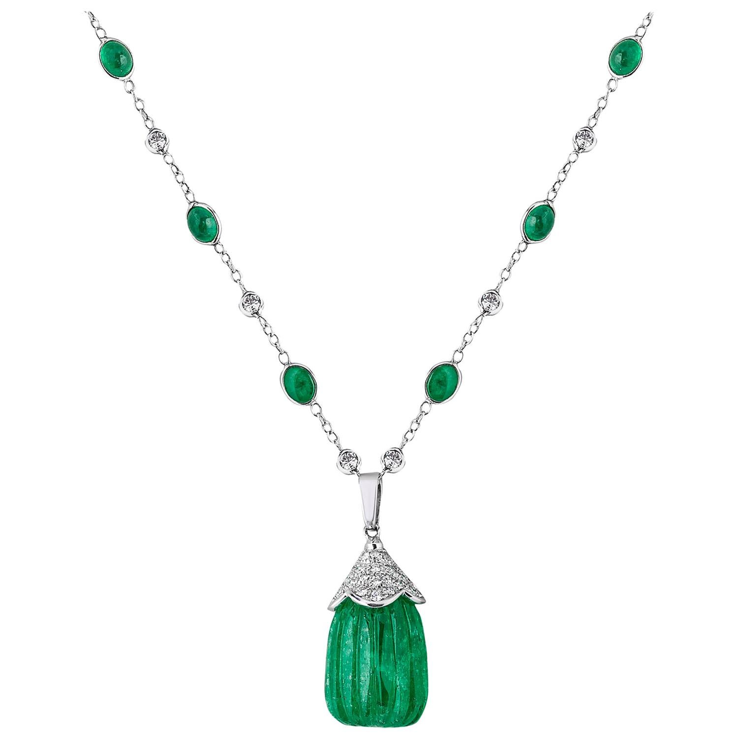 Carved Colombian Emerald Drop Pendant Emerald Cabochon and Diamond 18k Andreoli For Sale