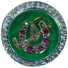 Antique Carved Colombian Emerald Horse Motif Ring with Rose Cut Diamonds and Rubies 1821