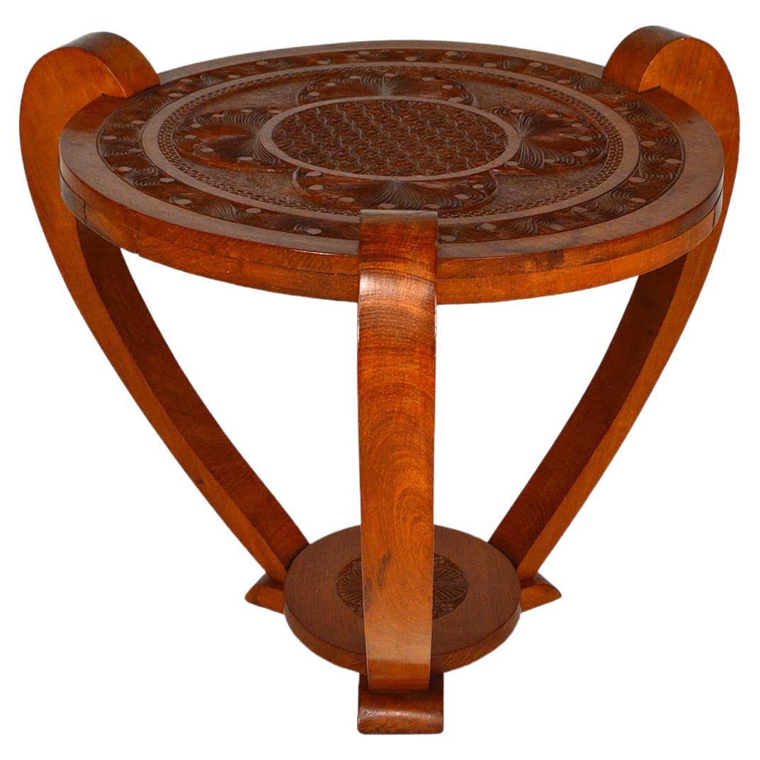 Carved Colonial Art Deco Side Table, circa 1930 For Sale