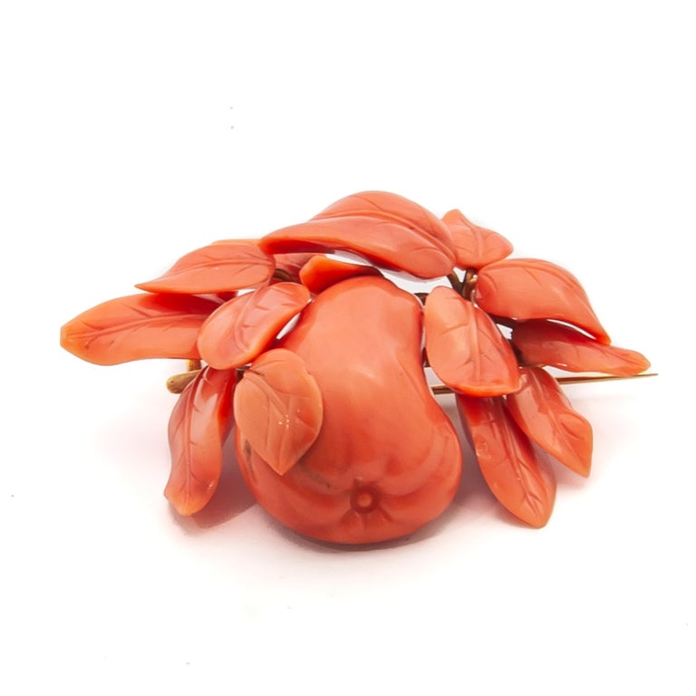 This fruit-carved coral brooch is absolutely gorgeous. The coral is so gracefully detailed with a very shapely pear surrounded by her vibrant leaves. The leaf veins are subtly visible, the leaves are so delicate you almost want to touch them because