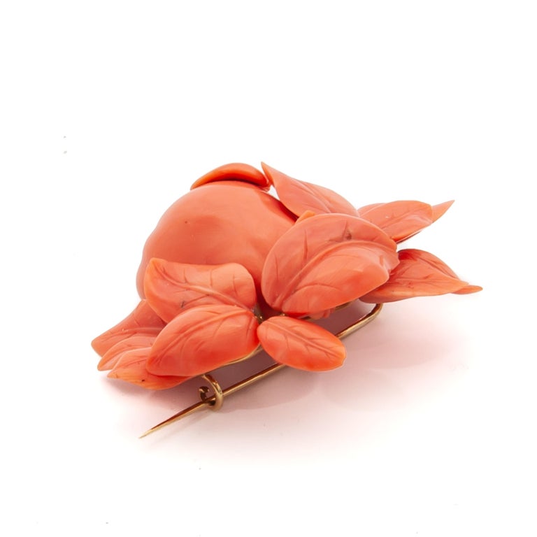 Mixed Cut Carved Coral 14K Yellow Gold Fruit Branch Brooch For Sale
