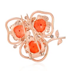 Carved Coral 18 Karat Gold Diamond Brooch