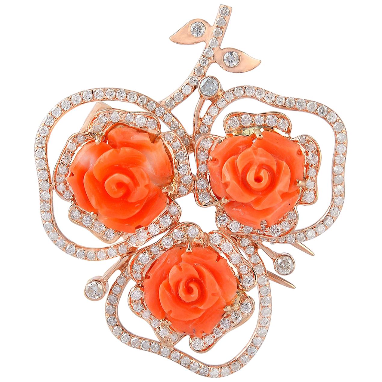 Carved Coral 18 Karat Gold Diamond Brooch For Sale