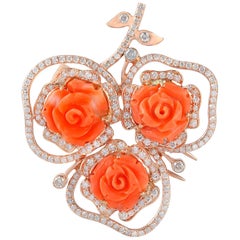 Carved Coral 18 Karat Gold Diamond Brooch