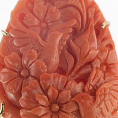 Corallo intagliato Oro 18 carati Uccello Fiore Italia Ciondolo fatto a mano Collana fatta a mano