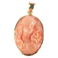 Carved Coral 18 Karat Gold Handmade Woman Muse Italy Pendant Handmade Necklace