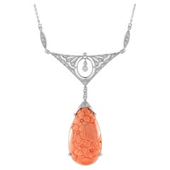 Carved Coral and Diamond Antique Style Necklace in 14K White Gold