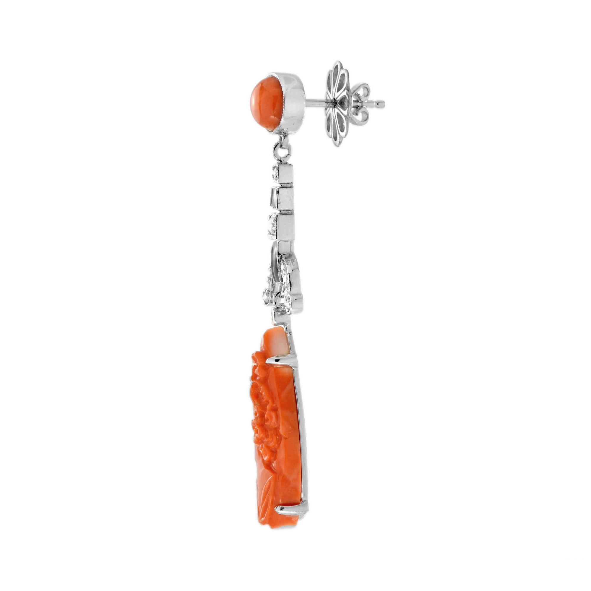 Pear Cut Carved Coral and Diamond with Black Enamel Dangle Earrings in 14K White Gold