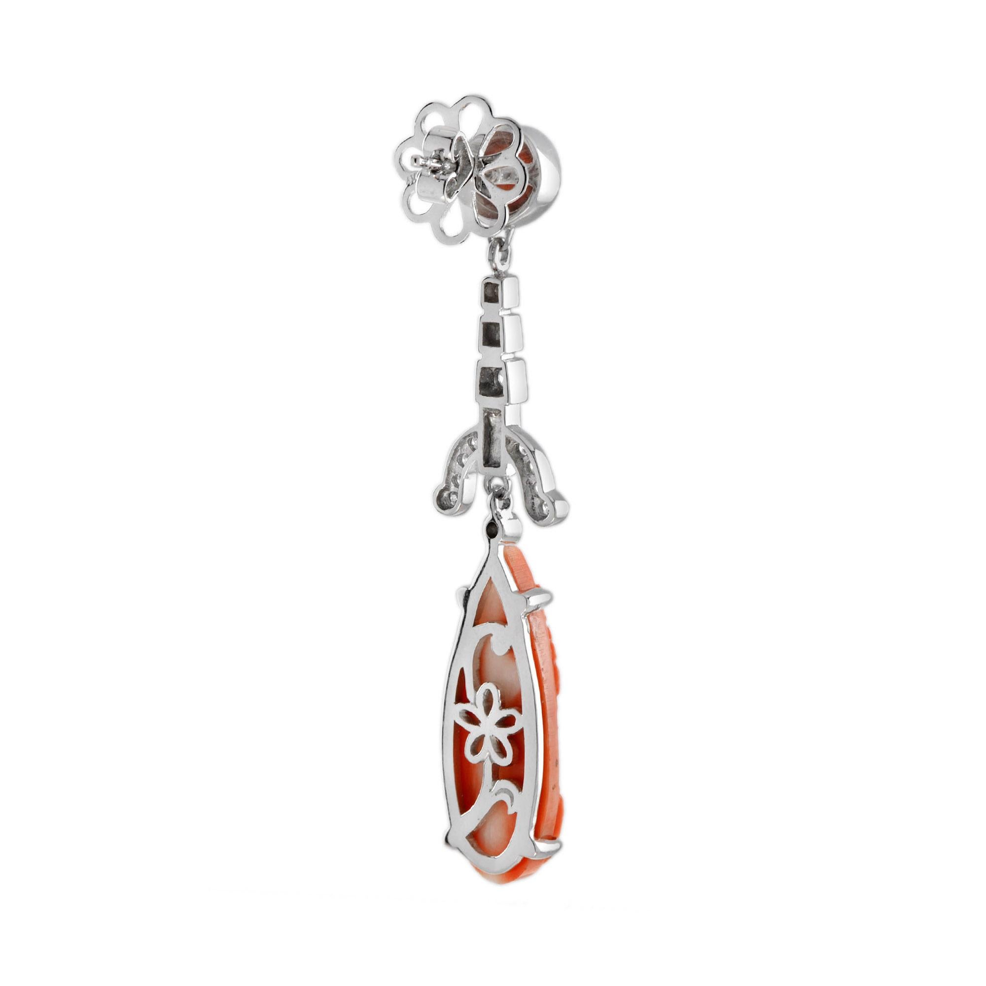 Carved Coral and Diamond with Black Enamel Dangle Earrings in 14K White Gold In New Condition In Bangkok, TH