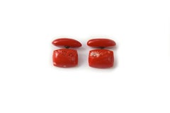 Carved Coral Antiques Japanese Kiku Cufflinks Linked in Silver
