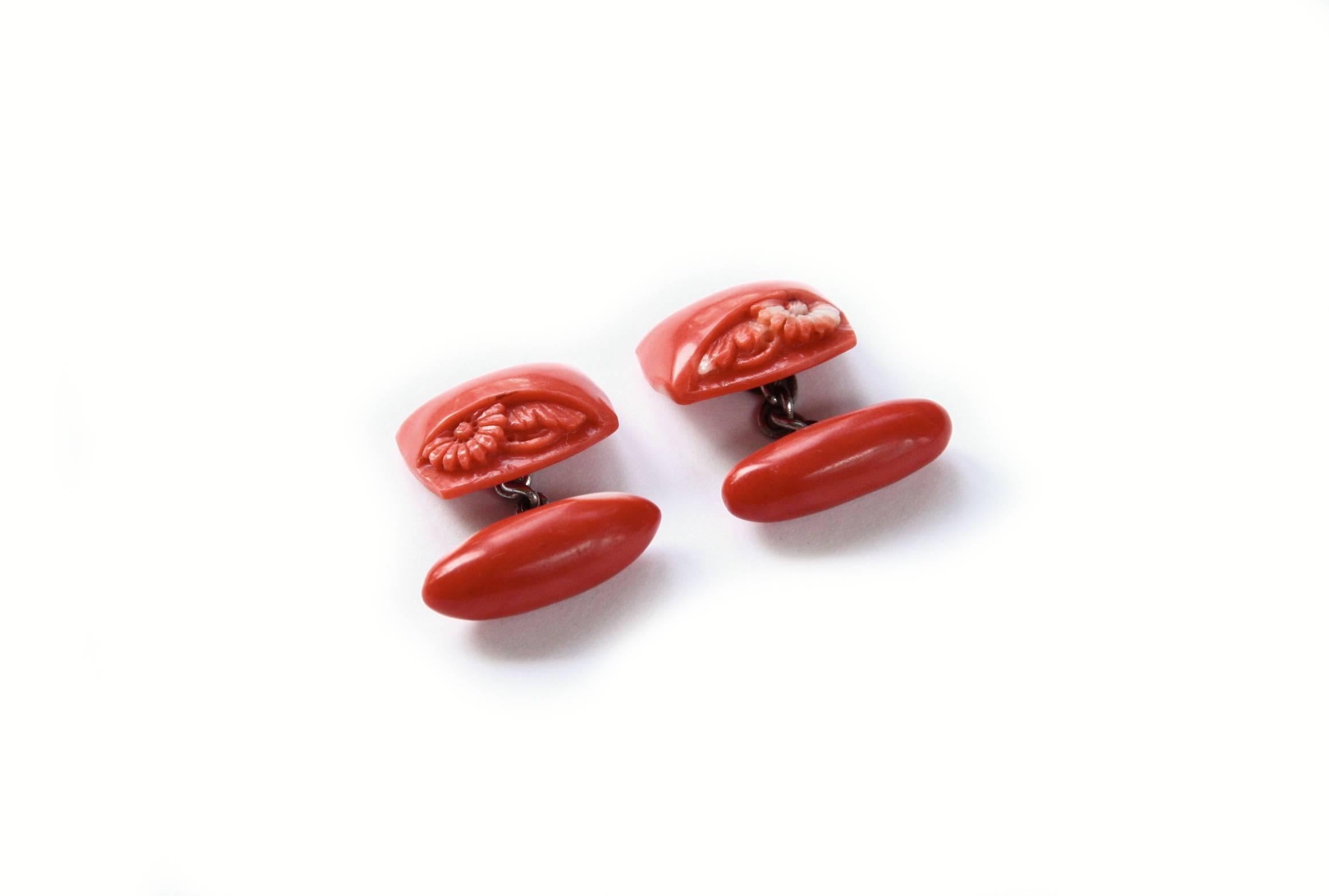 Women's or Men's Carved Coral Antiques Japanese Kiku Cufflinks Linked in Silver For Sale