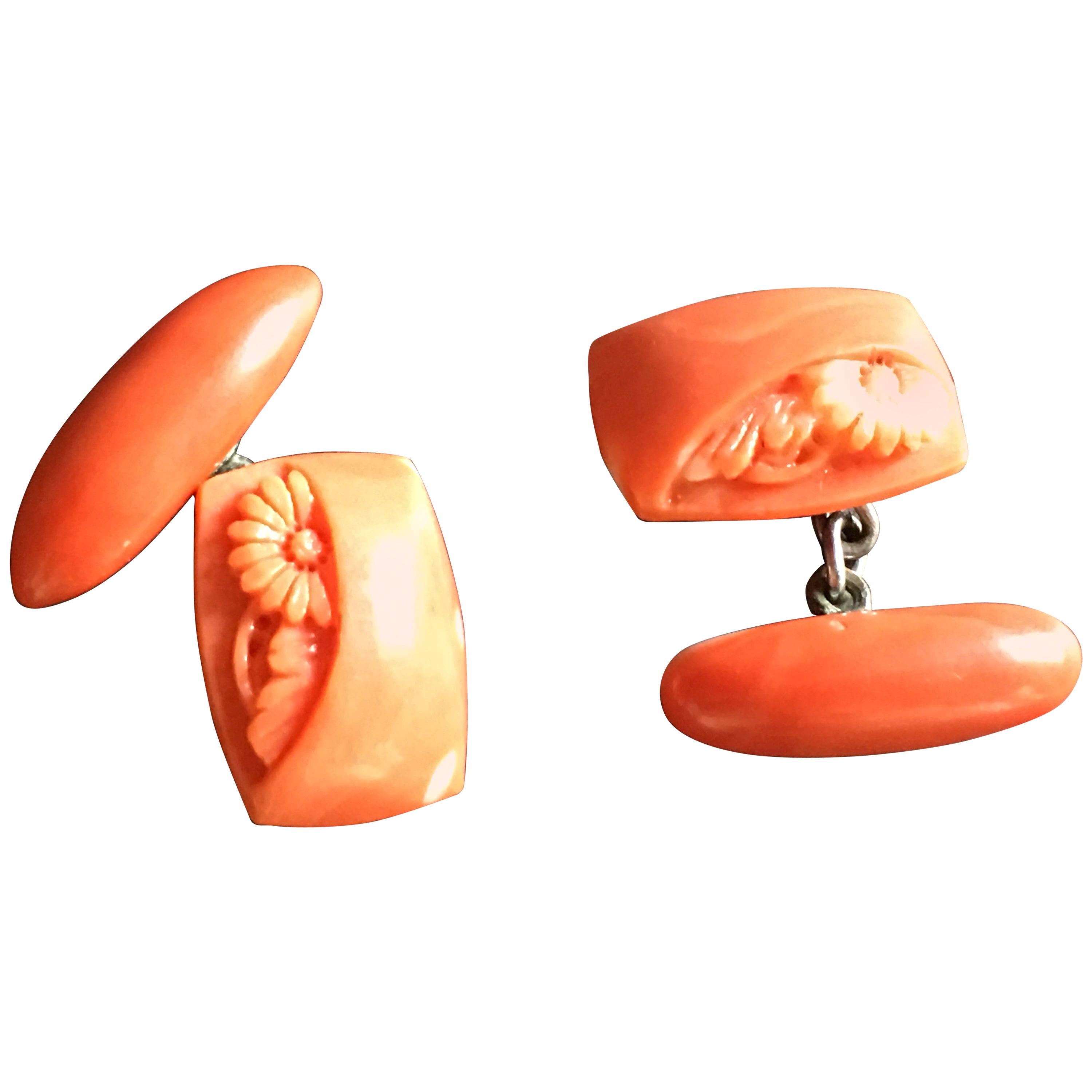 Carved Coral Antiques Japanese Kiku Cufflinks Linked in Silver For Sale
