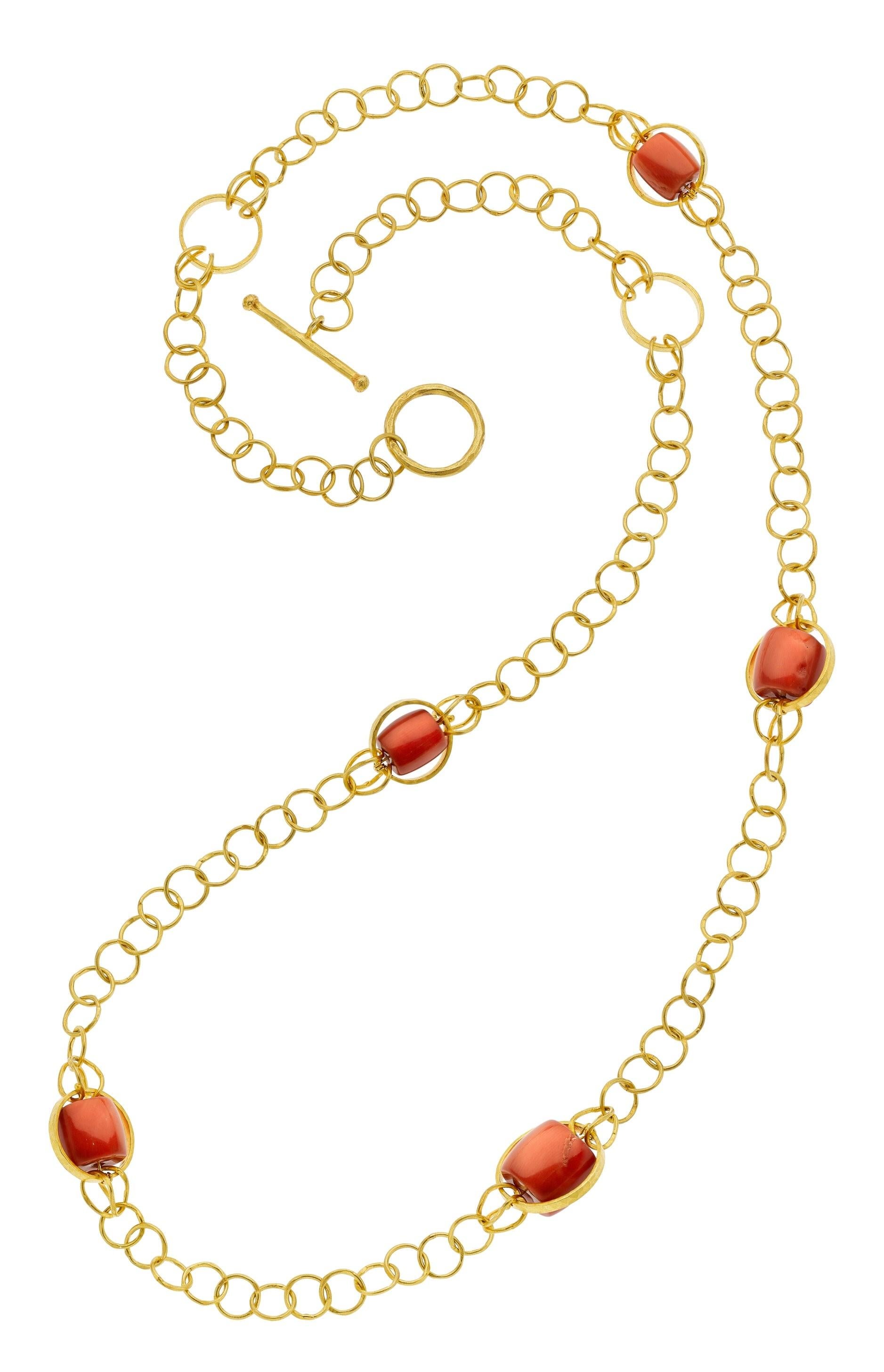 Modern Carved Coral Bead and 18k Gold 32
