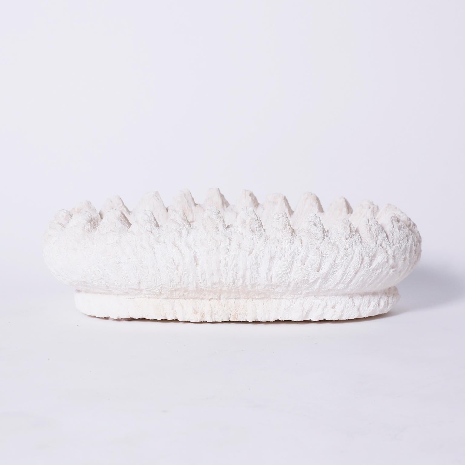 Here is a large piece of bowl coral with its bleached white color and sea inspired texture, carved and repurposed as a bowl or planter.

Available only in the United States of America, shipping outside of the country requires Cities Permits, which