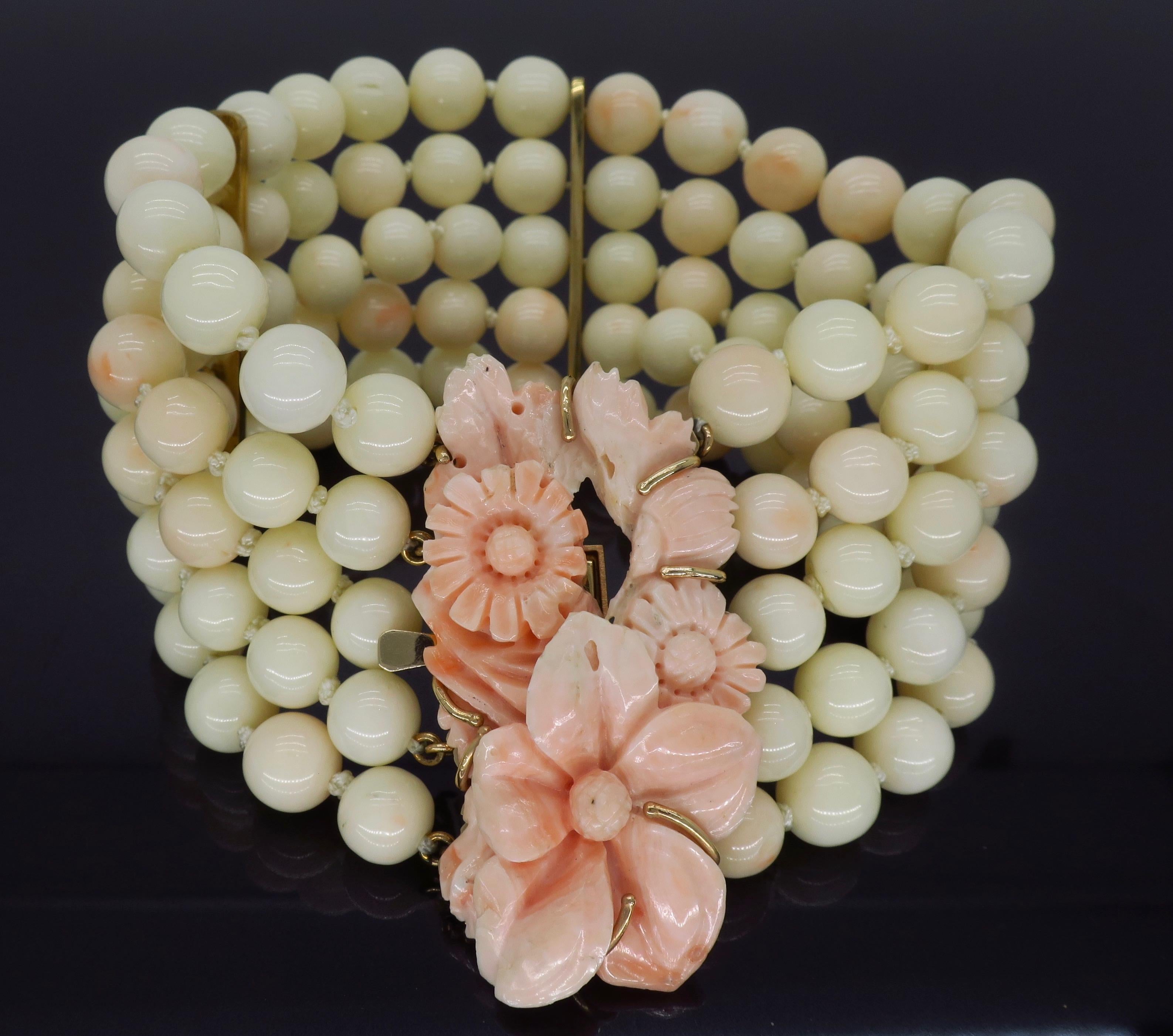 Carved Coral Bracelet Made with 14 Karat Yellow Gold 2