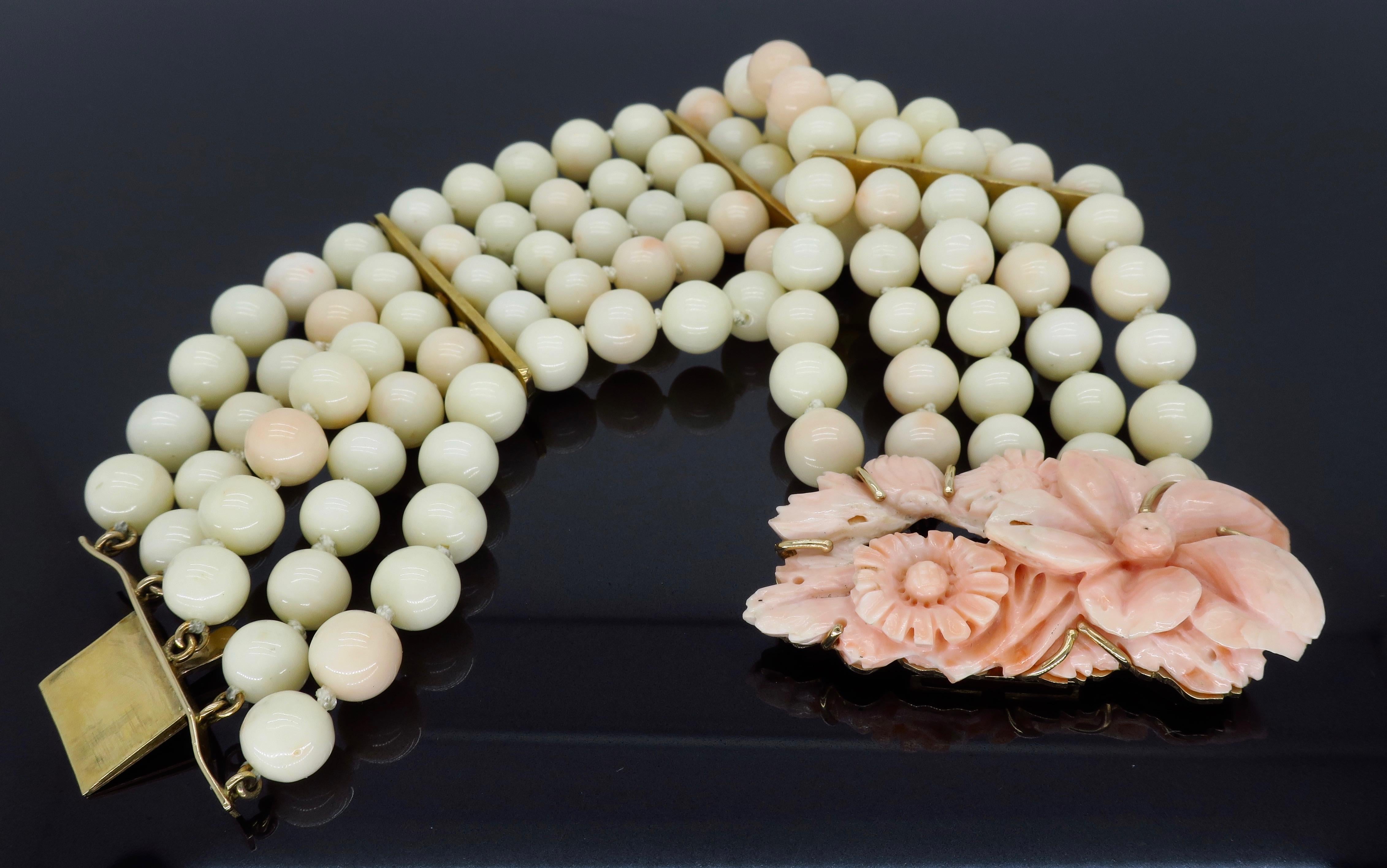 Carved Coral Bracelet Made with 14 Karat Yellow Gold 4