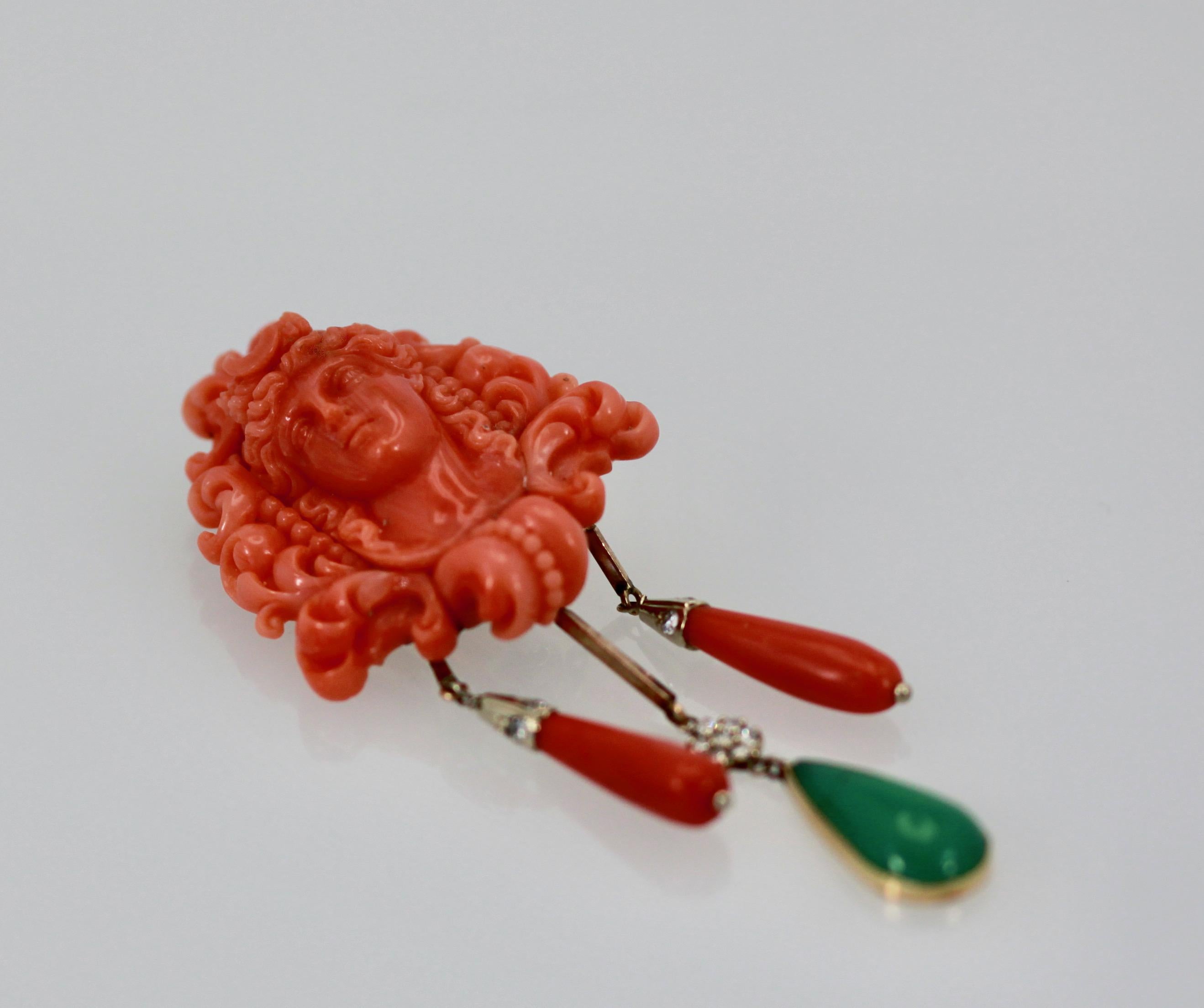 Carved Coral Brooch Pendant W/ Coral Drops and Crystophase Drop For Sale 4