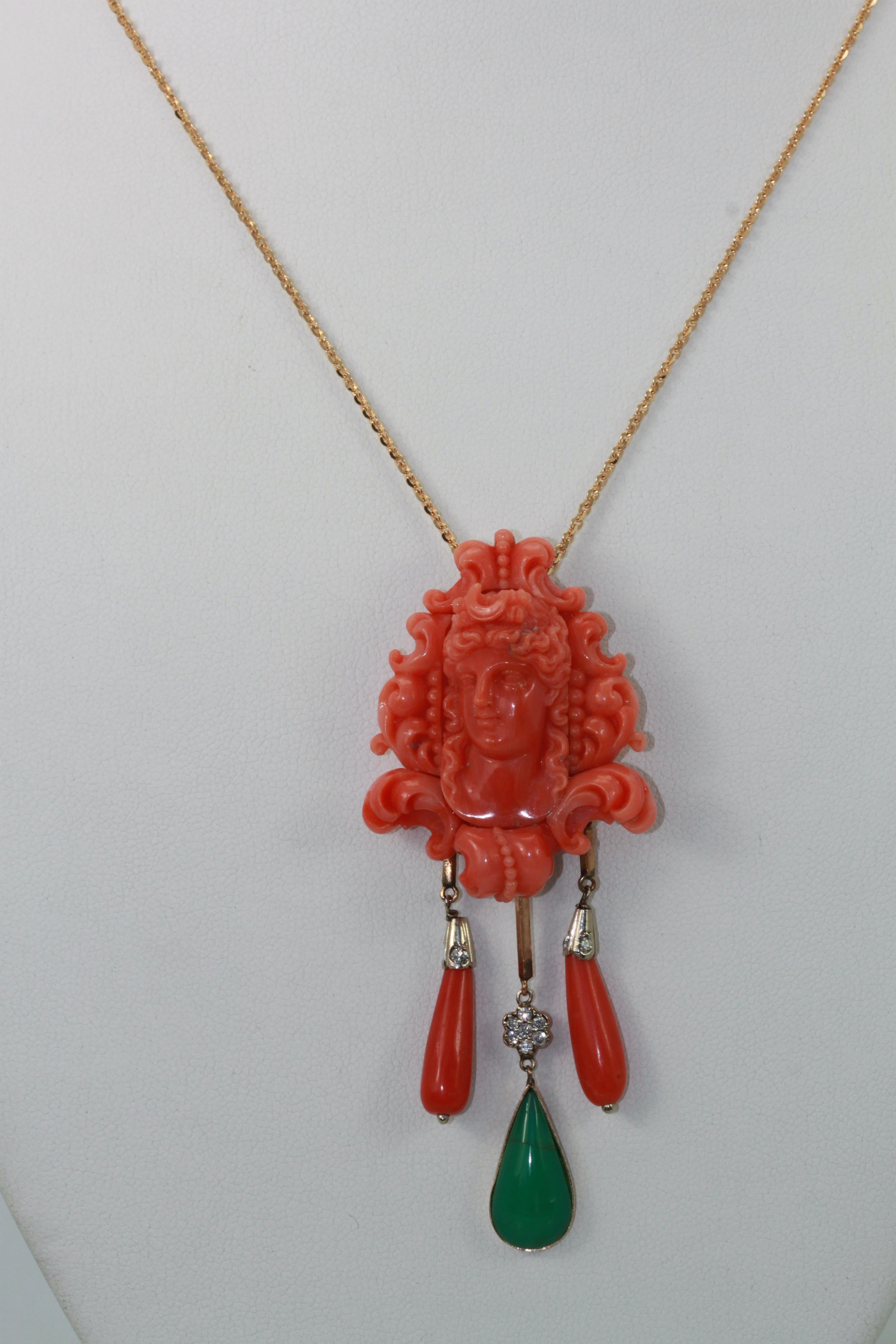 Carved Coral Brooch Pendant W/ Coral Drops and Crystophase Drop For Sale 5