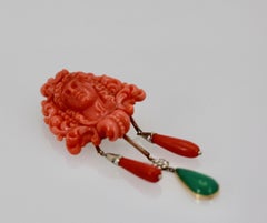 Carved Coral Brooch Pendant W/ Coral Drops and Crystophase Drop
