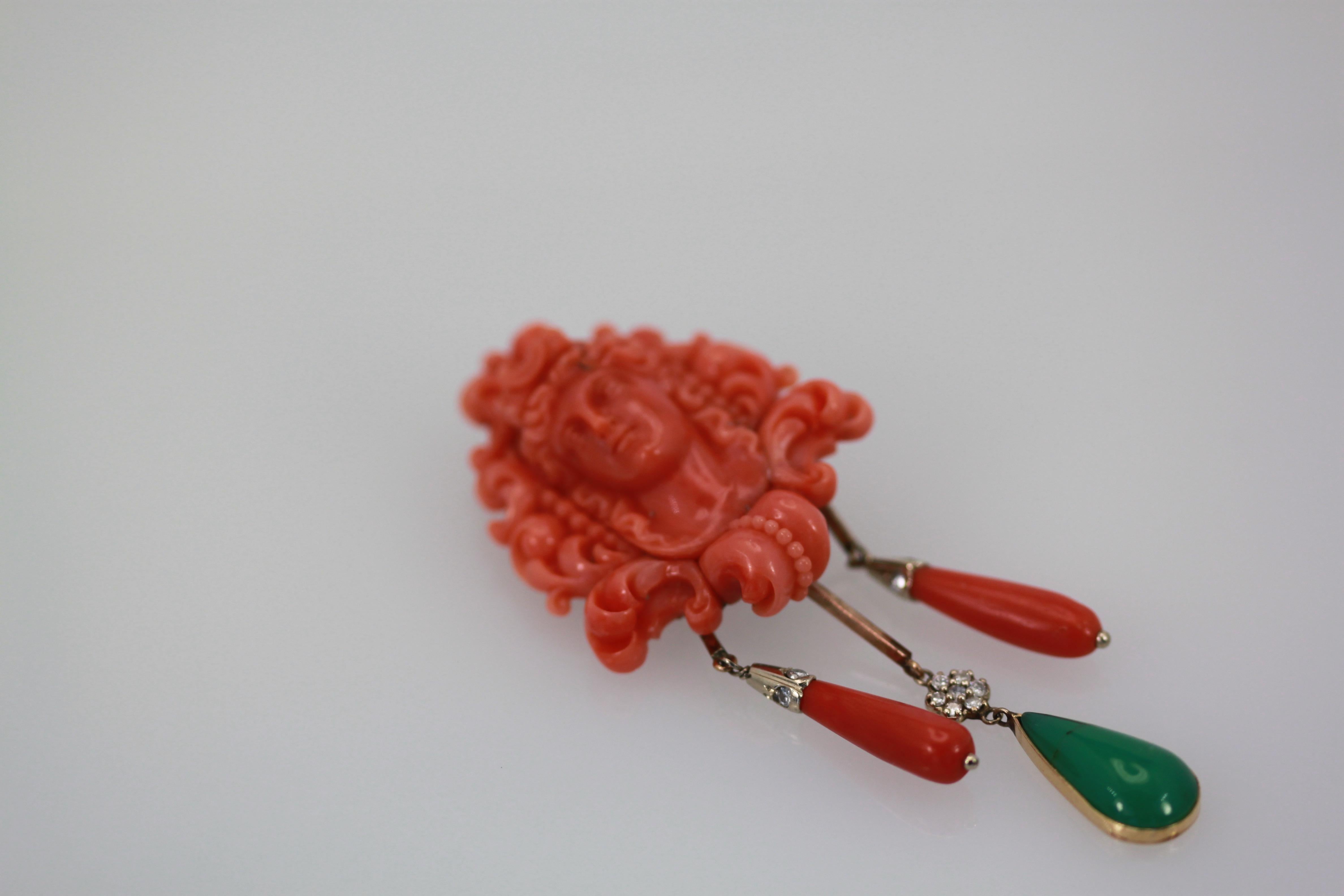 Neoclassical Carved Coral Brooch Pendant W/ Coral Drops and Crystophase Drop For Sale