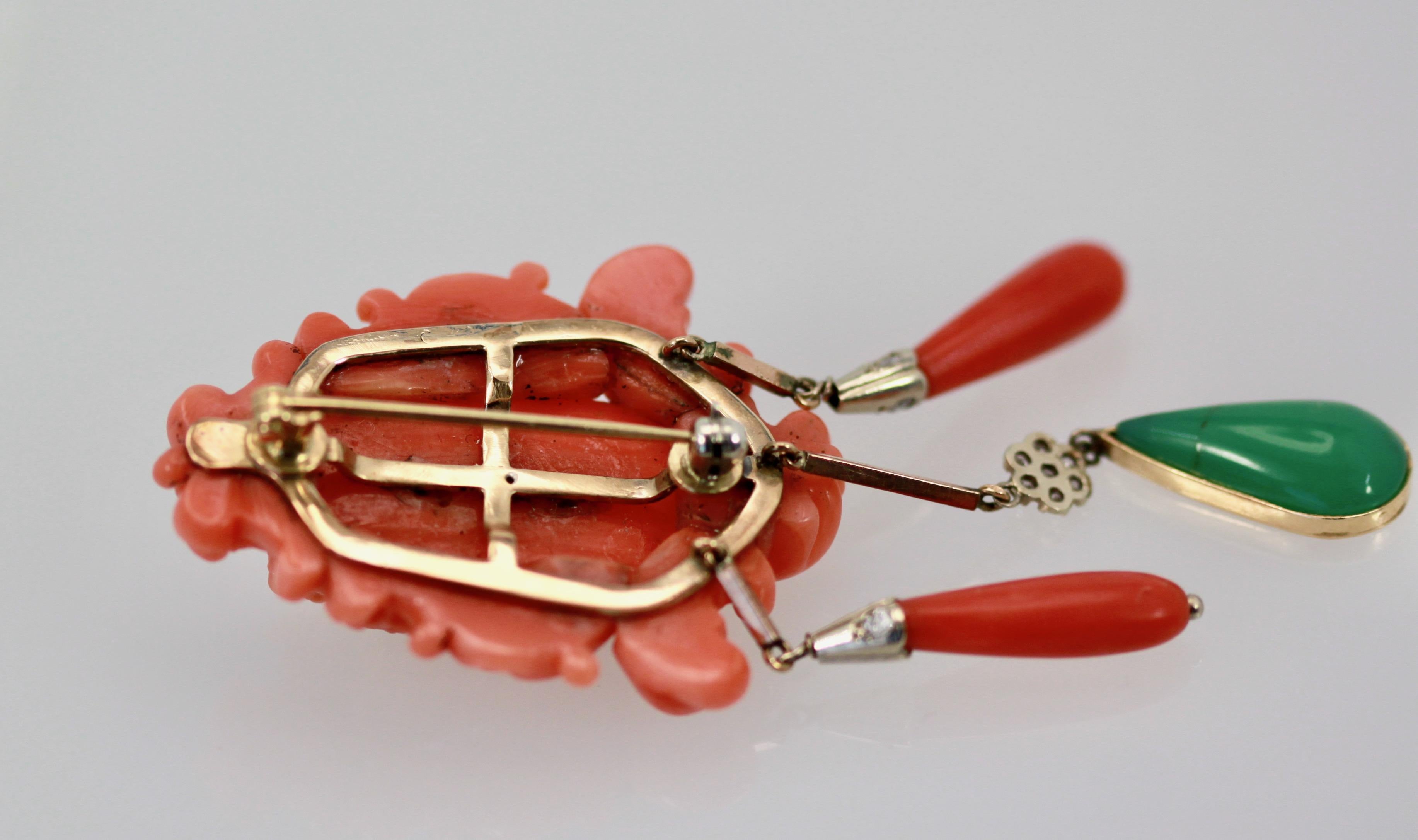 Round Cut Carved Coral Brooch Pendant W/ Coral Drops and Crystophase Drop For Sale