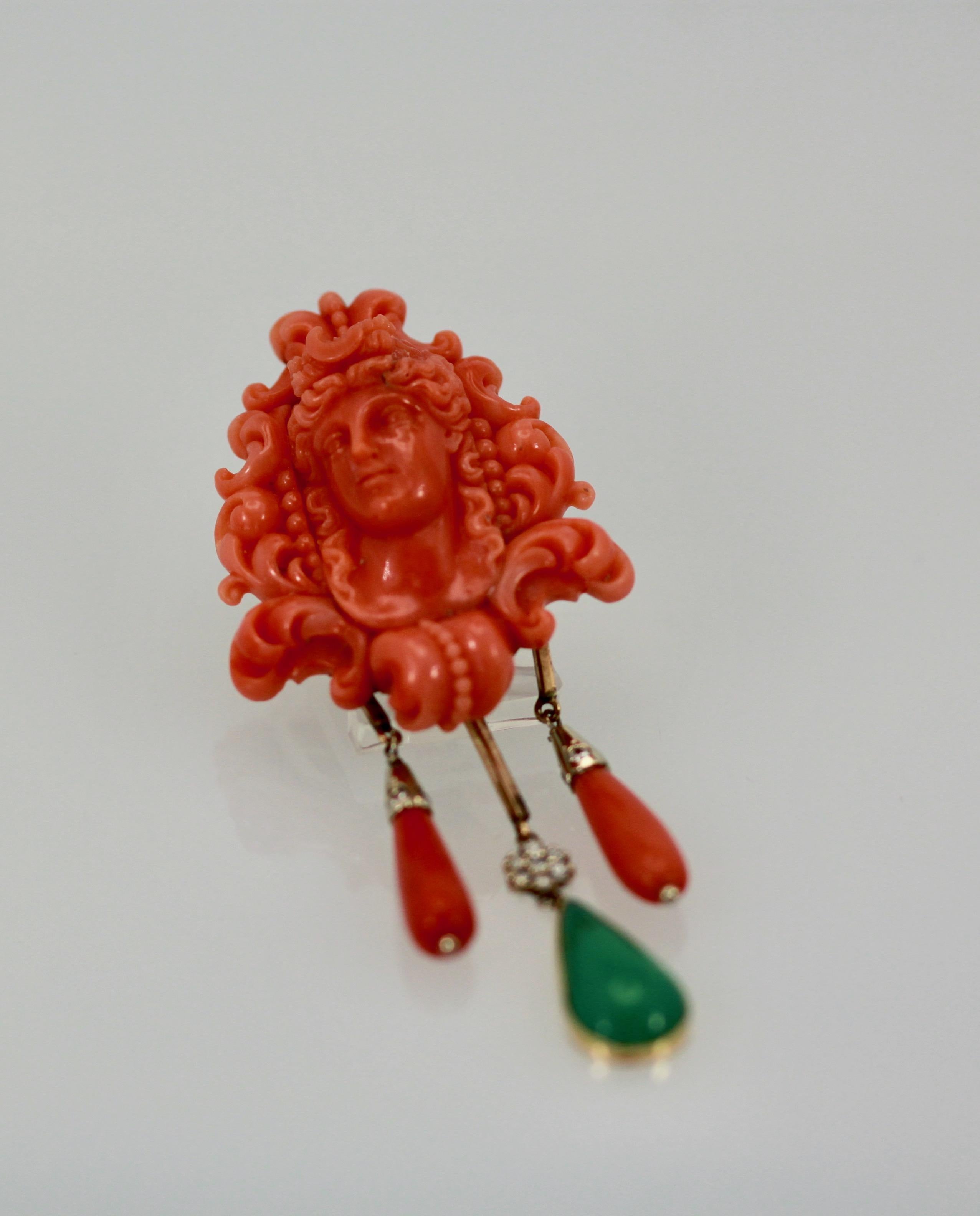Carved Coral Brooch Pendant W/ Coral Drops and Crystophase Drop In Good Condition For Sale In North Hollywood, CA