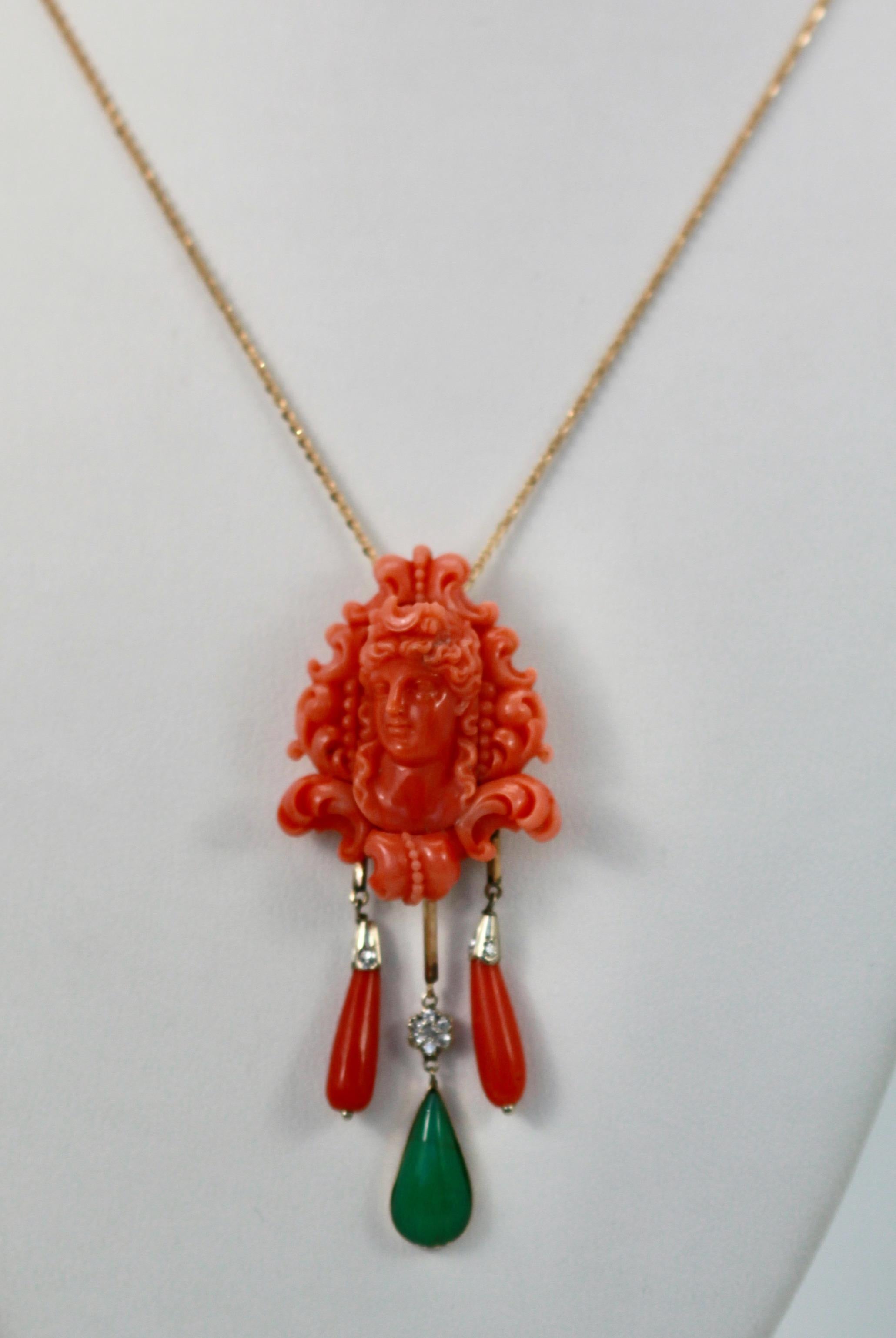 Women's Carved Coral Brooch Pendant W/ Coral Drops and Crystophase Drop For Sale