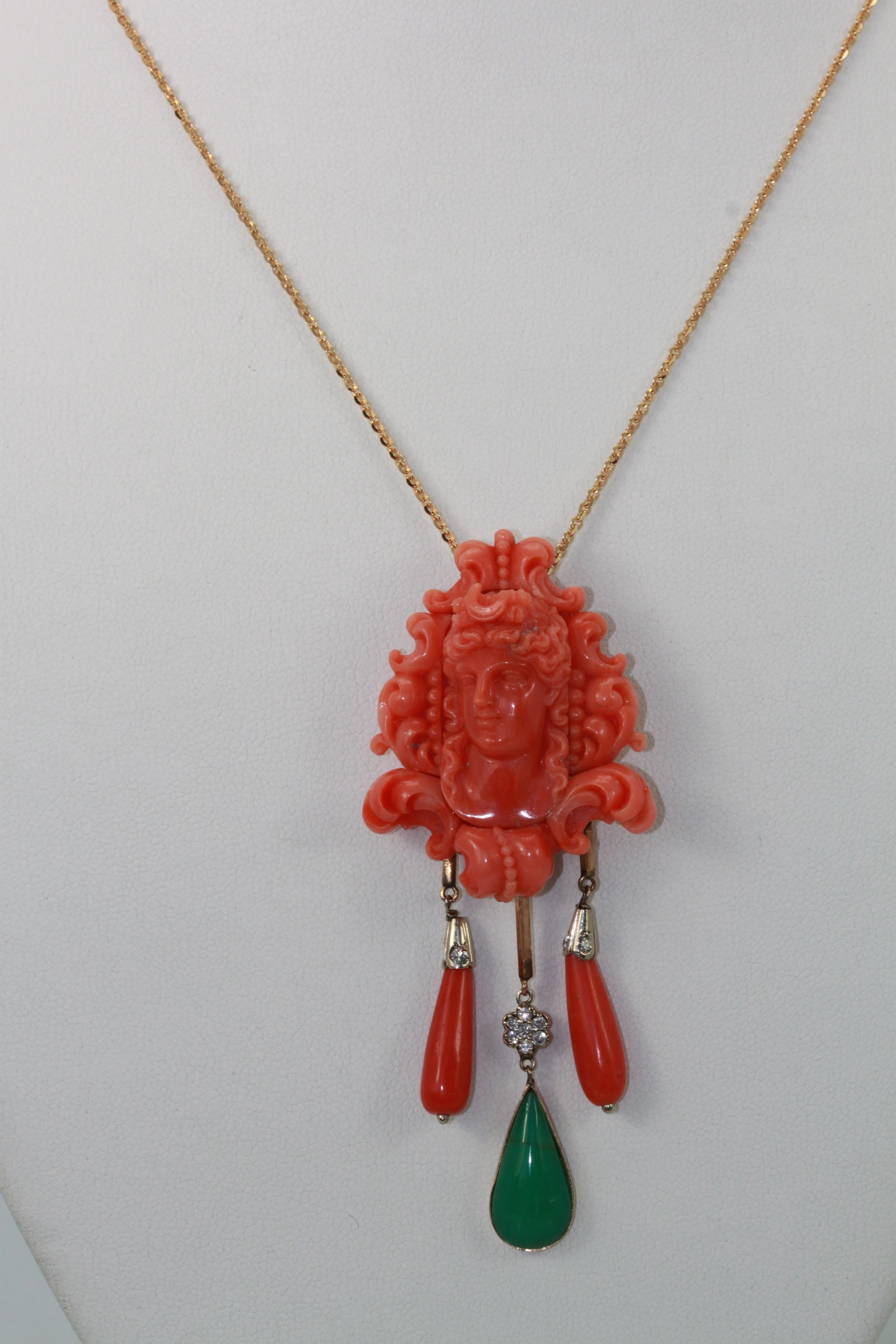 Carved Coral Brooch Pendant W/ Coral Drops and Crystophase Drop For Sale 1