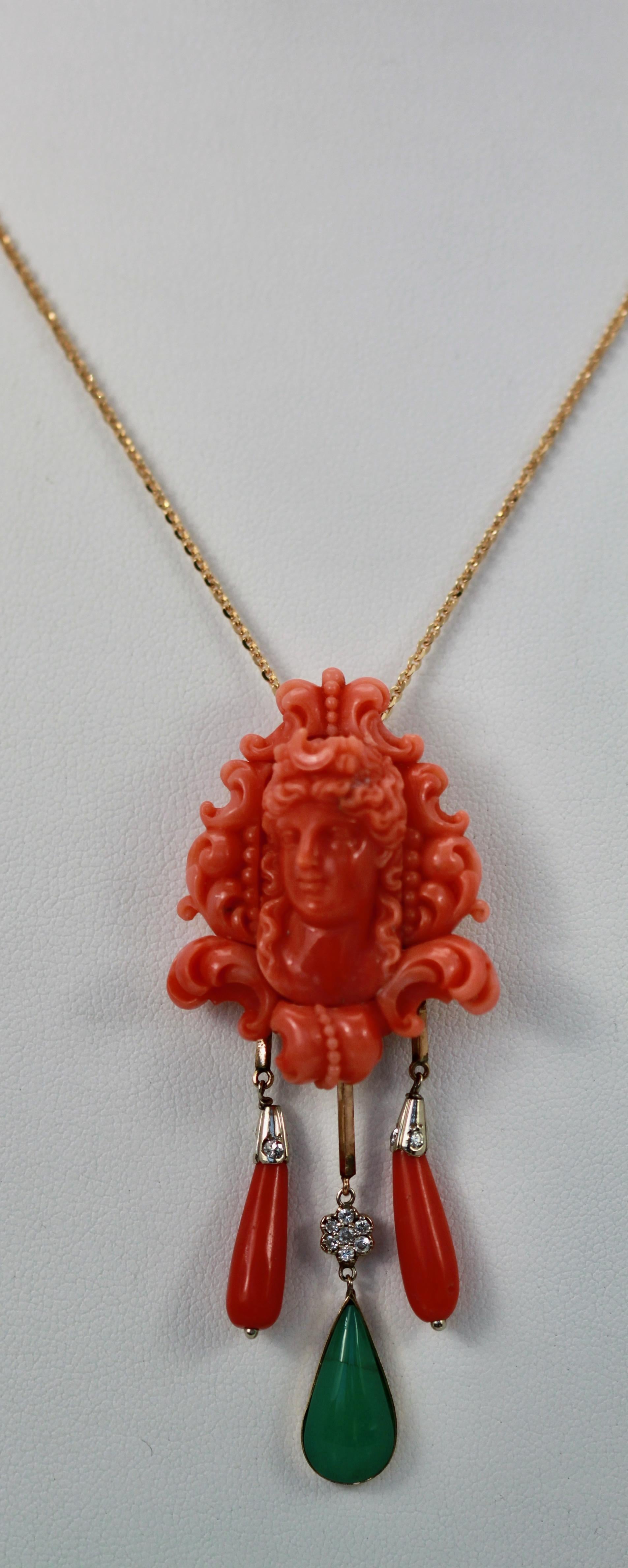 Carved Coral Brooch Pendant W/ Coral Drops and Crystophase Drop For Sale 2