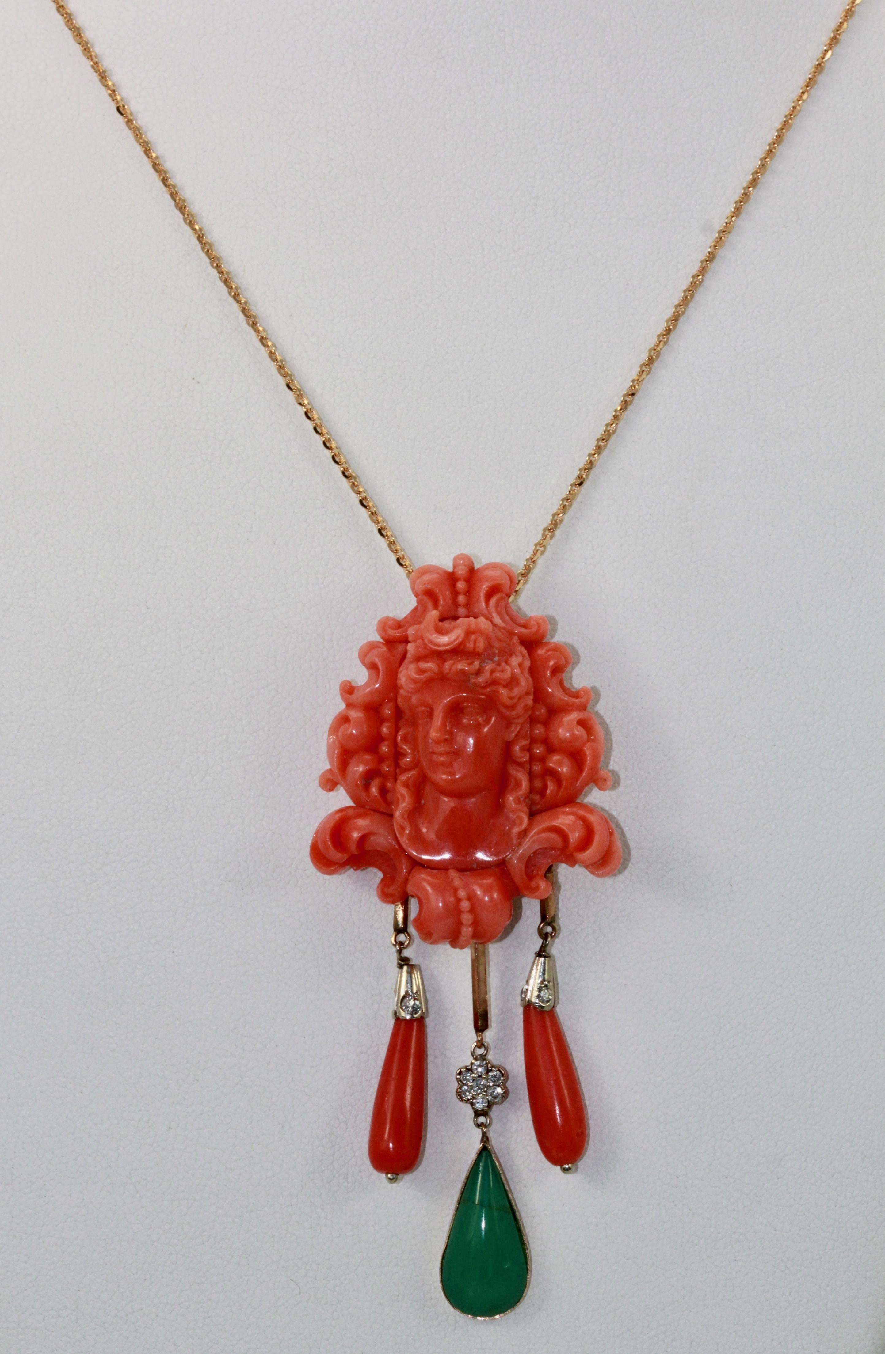 Carved Coral Brooch Pendant W/ Coral Drops and Crystophase Drop For Sale 3