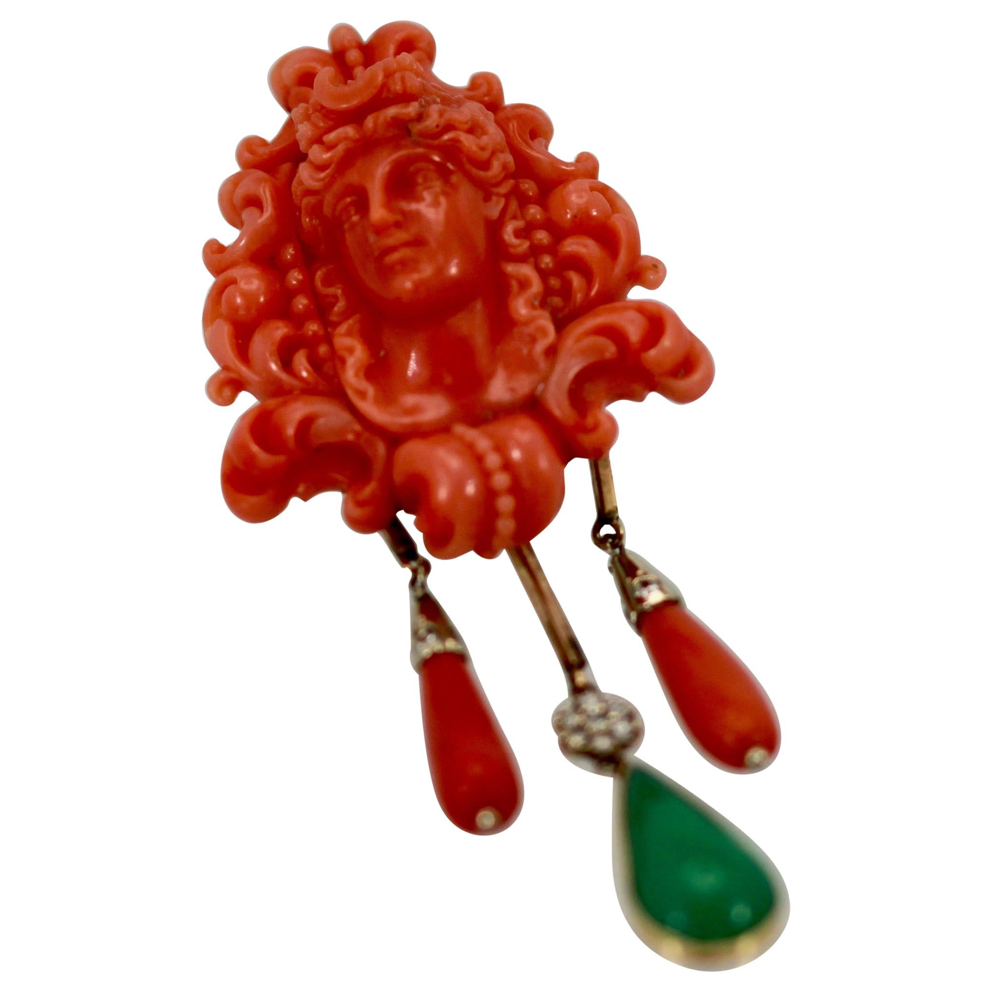 Carved Coral Brooch Pendant W/ Coral Drops and Crystophase Drop For Sale