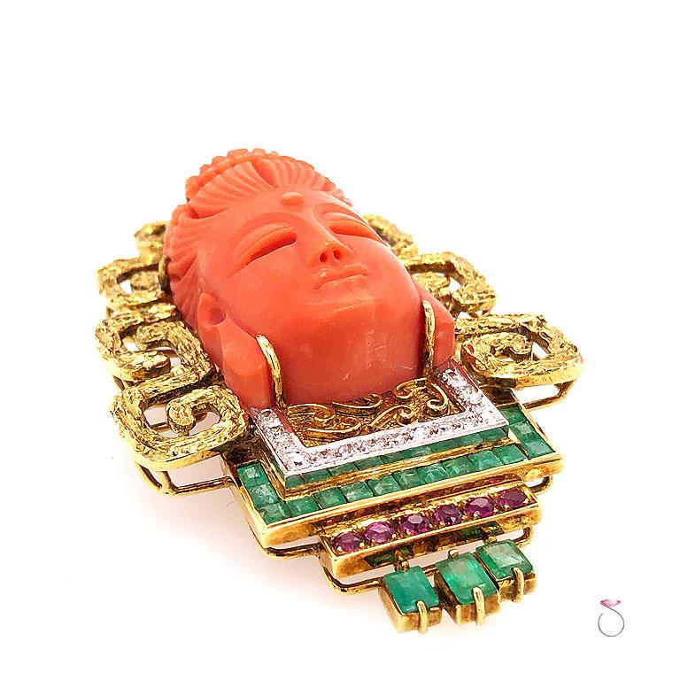 MAGNIFICENT large vintage Buddha pendant brooch in 18K yellow gold. This gorgeous pendant features a stunning Buddha carved in natural coral set in 18k yellow gold with elaborate swerling designs. The coral carving measures 34mm x 19.30 mm x 14.12