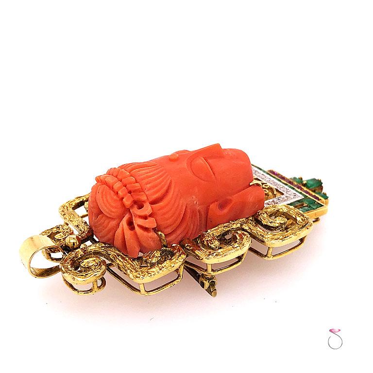 Carved Coral Buddha Pendant in 18k Gold Set with Diamonds, Emeralds and Rubies In Good Condition In Honolulu, HI