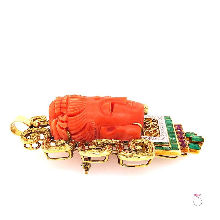 Women's or Men's Carved Coral Buddha Pendant in 18k Gold Set with Diamonds, Emeralds and Rubies For Sale