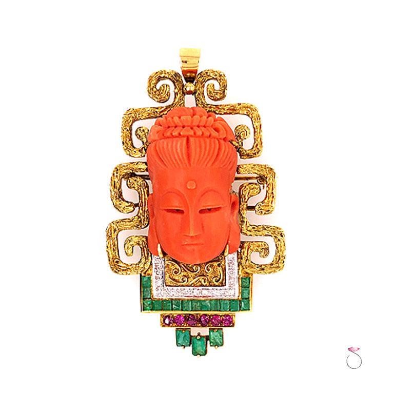 Carved Coral Buddha Pendant in 18k Gold Set with Diamonds, Emeralds and Rubies For Sale 1