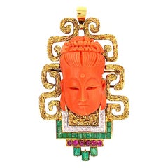 Vintage Carved Coral Buddha Pendant in 18k Gold Set with Diamonds, Emeralds and Rubies